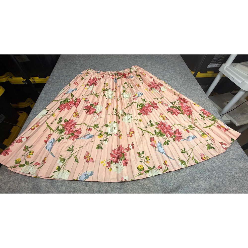 Spartina 449 Pink Floral Bird Butterfly Pleated Midi Skirt XL Peach Botanical